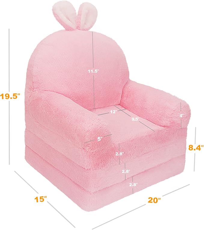Kids Couch Fold Out Soft Toddler Chairs,Toddler Armrest Chair Bed for Play,Gift for 0-3 Years,Pink Bunny