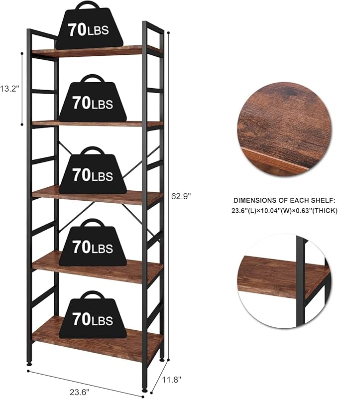 5 Tier Tall BookShelf,Bookcase with Steel Frame,Home Office Modern Bookcase Shelf for Bedroom/Living Room/Home Office - Rustic Brown Storage Rack for Books,Garage Kit, CDs and Movies