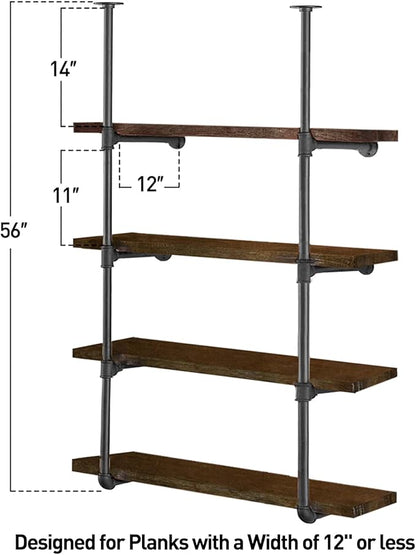 HITOMEN Industrial Iron Pipe Shelves, 2 Set 4-Tier, 56" Tall, 12" Depth, DIY Open Bookshelf Bookcase, Wall Mounted Vintage Retro Shelving, Rustic Farmhouse Pantry Kitchen Storage, Black Shelf Brackets