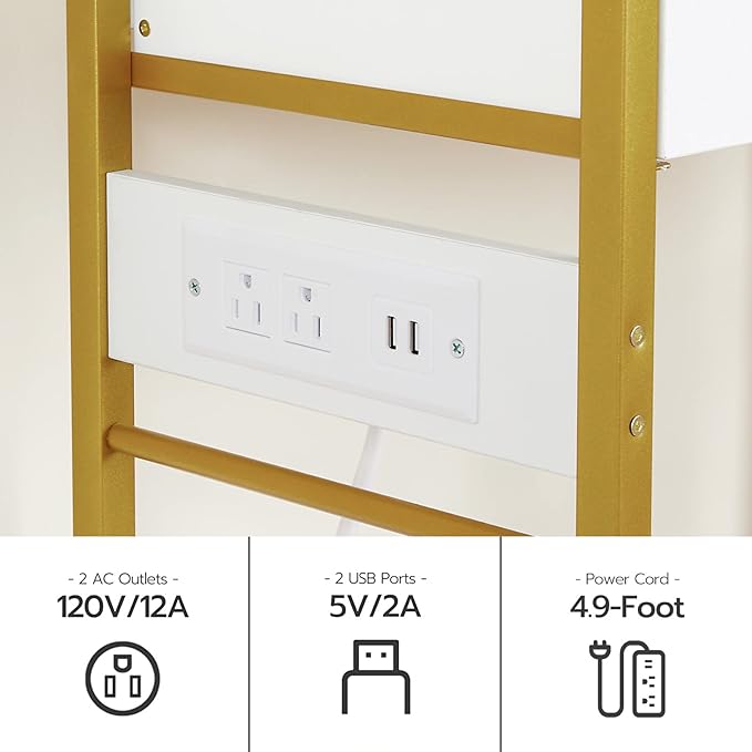 HOOBRO 5 Tier Bookcase, White and Gold Bookshelf with Drawer, Storage Shelves with Charging Station, Tempered Glass Bookshelf with Metal Frame, Open Display Shelves for Living Room, Gold DW65USJ01