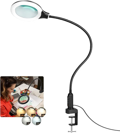 26" Gooseneck Magnifying Lamp with Clamp, 5 Color Modes Stepless Dimmable LED Desk Light with Magnifying Glass, 10X Real Glass Lighted Magnifier Hands Free for Painting Close Work Craft Hobby