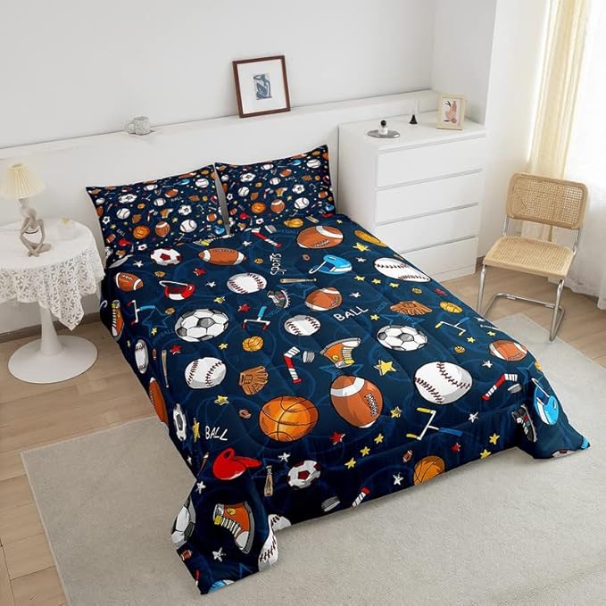 Feelyou Sports Theme Comforter Set 3D Blue Ball Bedding Set Baseball Football Basketball Comforter for Children Kids Boys Girls Microfiber Competitive Games Duvet Set Room Decor Quilt Set Queen Size
