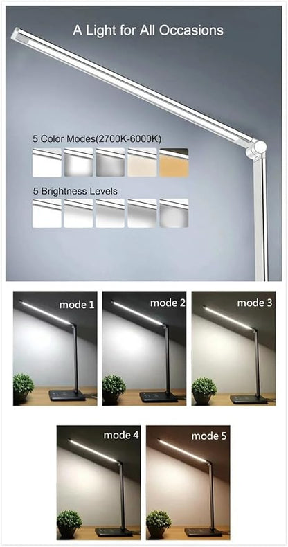 LED Desk Lamp Table Lamp Touch Control, 5 Color Temperature, Stepless Dimming, 30/60 Minutes Auto-Off Timer, Charger for USB, All Reading Room