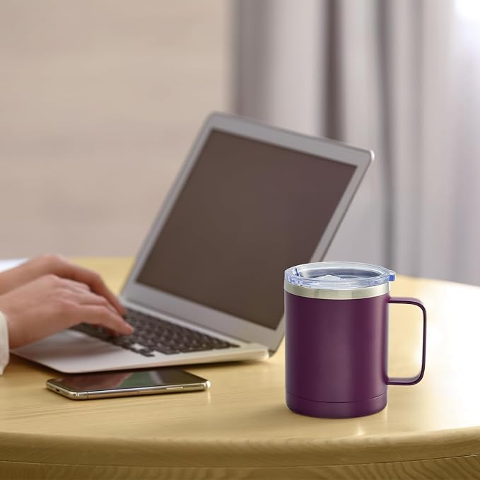 MEWAY 12oz Coffee Mug With Handle and Sliding Lid,Stainless Steel Travel Tumbler Cup with Handle,Double Wall Vacuum Insulated Camping Cup for Hot & Cold Drinks Tea (Plum,Set of 1)