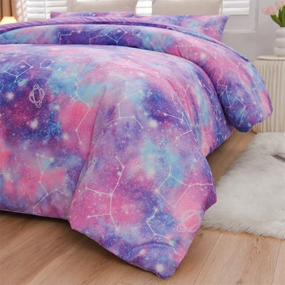 Holawakaka Tie Dye Galaxy Constellation Print Ombre Comforter Set Twin/Twin XL Size Girls Gradient Space Stars Dorm Bedding Set (Purple,Twin)