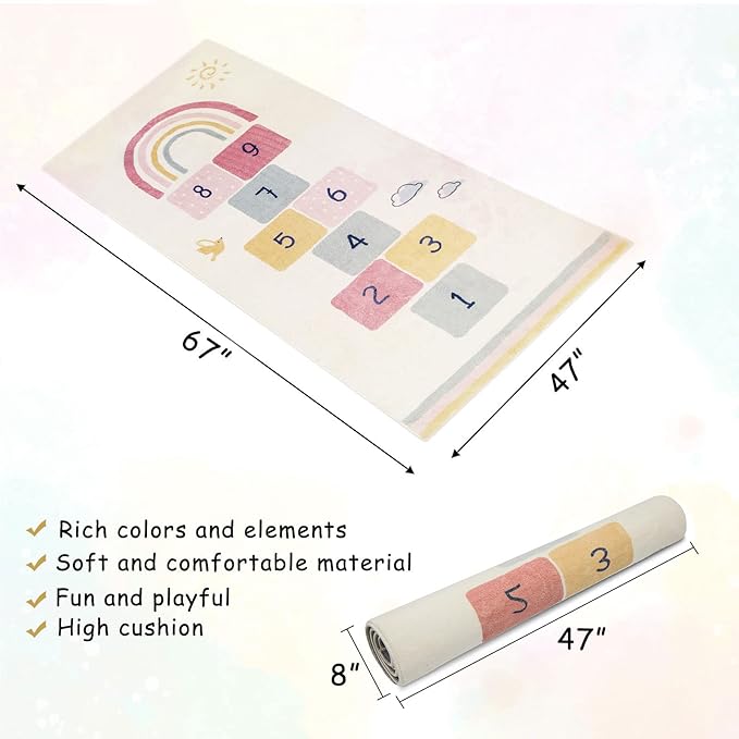 Topotdor Rainbow Sky Hopscotch Game Rugs,Kids Play Area Rugs Soft Floor Carpet for Bedroom Playroom Nursery,Great Gift for Girls & Boys,47" x 67"