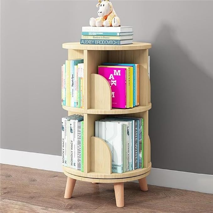 Gdrasuya10 2 Tier Rotating Bookshelf with Legs, Small Rotating Bookshelf Wood Revolving Bookcase Book Organizer Book Display Shelves Storage for Living Room Bedroom Study Room