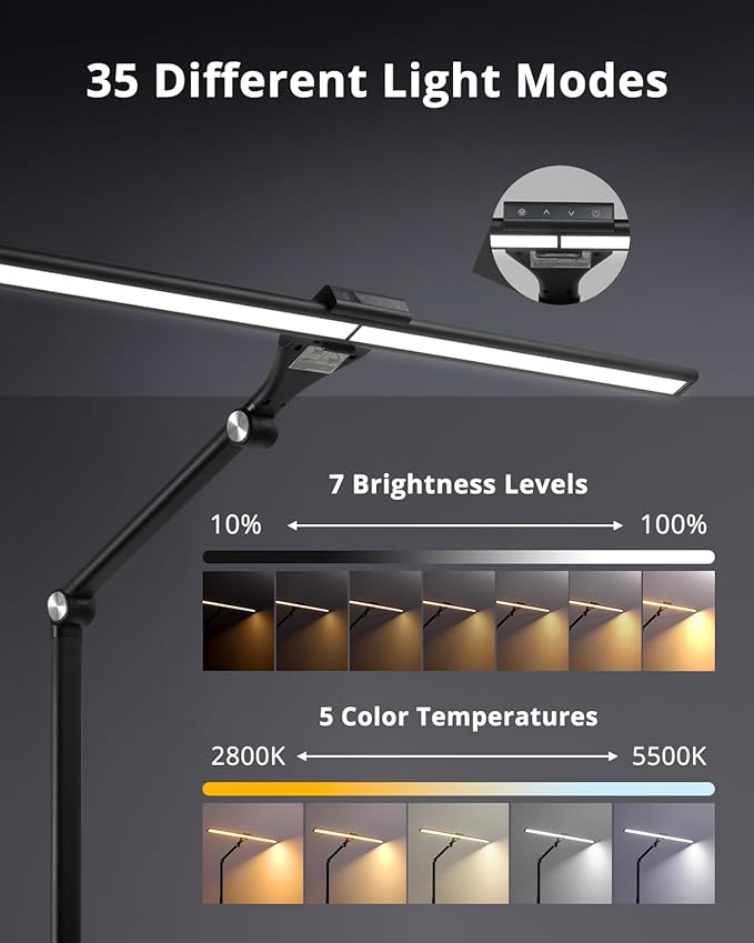 LED Desk Lamps for Home Office 24W Double Head with USB Charging Port and Plug,Modern Architect Table Light with Clamp 5CCT Color Changing Dimmable for Reading Study 31.5Inch Balck