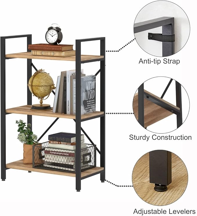 BON AUGURE Industrial 3 Tier Bookshelf, Rustic Small Book Shelves for Small Spaces, Short Wood Metal Etagere Bookcase for Living Room, Bedroom and Office (Vintage Oak)