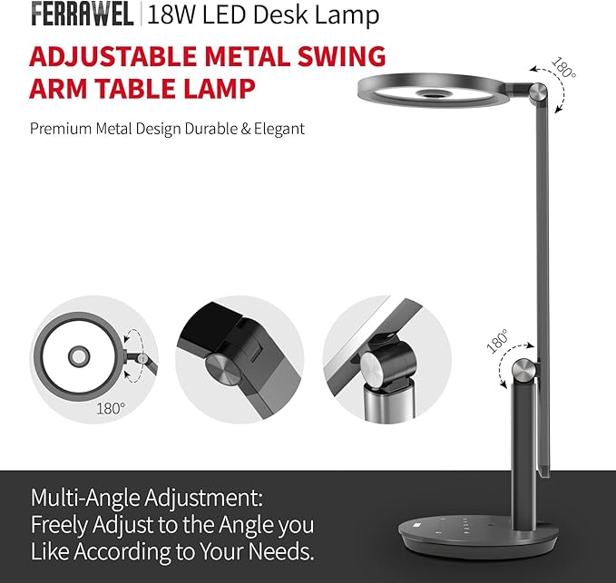 LED Desk Lamp for Home Office - Natural Eye-Caring Table Light, Adjustable Metal Swing Arm with 18W Dimmable Bright Reading Task Lampara Memory Function Black