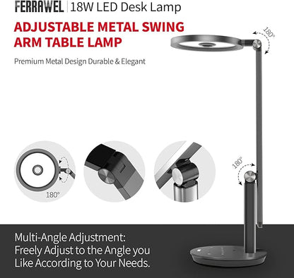 LED Desk Lamp for Home Office - Natural Eye-Caring Table Light, Adjustable Metal Swing Arm with 18W Dimmable Bright Reading Task Lampara Memory Function Black