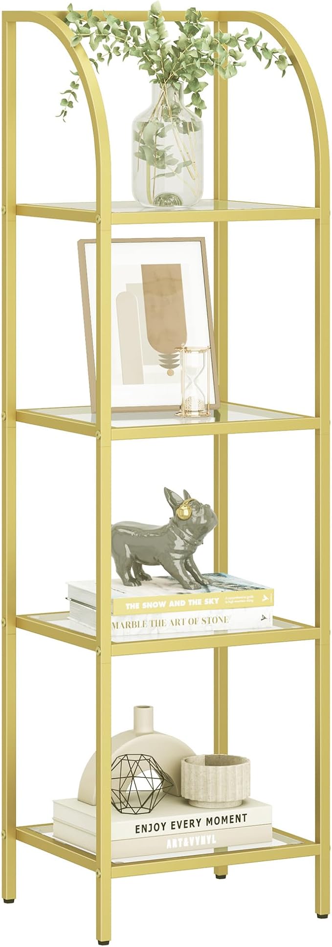 Bookcase Bookshelf, Tempered Glass Arched Bookshelf for More Storage, Slim Shelving Unit for Bedroom, Bathroom, Home Office, Steel Frame, 4 Tier Gold BC20499G