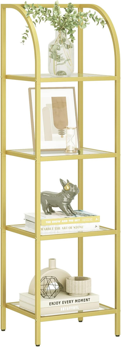 Bookcase Bookshelf, Tempered Glass Arched Bookshelf for More Storage, Slim Shelving Unit for Bedroom, Bathroom, Home Office, Steel Frame, 4 Tier Gold BC20499G
