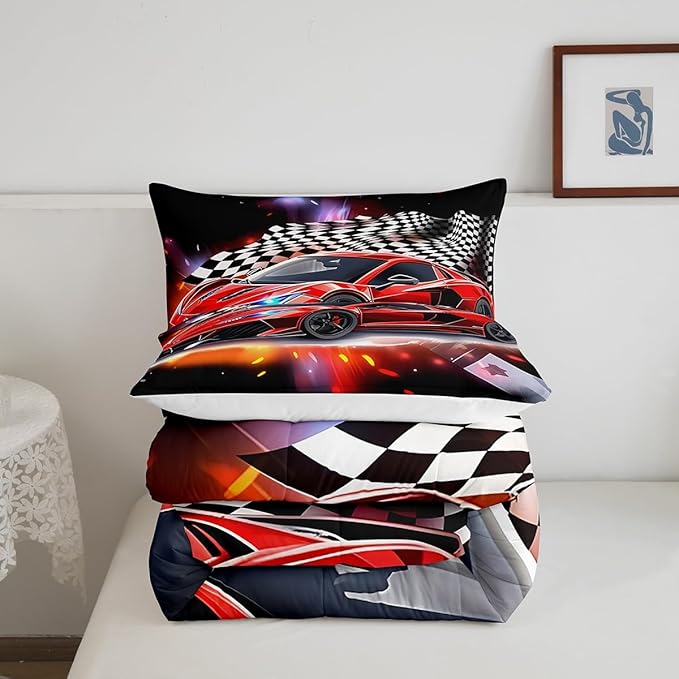 Feelyou Speed Sports Car Comforter Set Full Size Extreme Sports Bedding Set for Kids Boys Girls Decor Red Comforter Microfiber Checkerboard Quilt Set Bedroom Bedclothes…