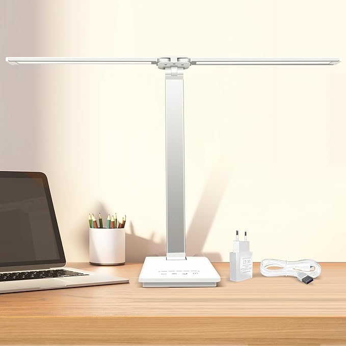 Desk Lamp Dimmable Table Lamp Foldable Reading Lamp Double Swing Arm Desk Light with USB Charging Port,5 Light Modes, Touch Control, Auto-Off Timer, Eye-Caring Led Desk Lamp (Silver)