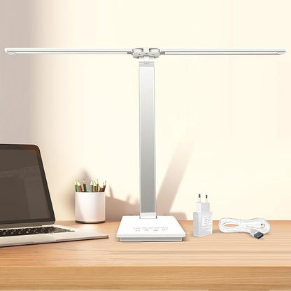 Desk Lamp Dimmable Table Lamp Foldable Reading Lamp Double Swing Arm Desk Light with USB Charging Port,5 Light Modes, Touch Control, Auto-Off Timer, Eye-Caring Led Desk Lamp (Silver)