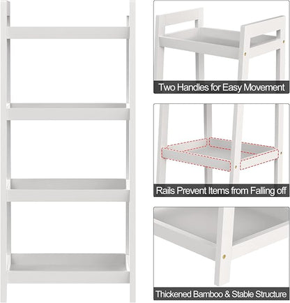 4 Tier Bamboo Bookshelf, Free Standing Ladder Shelf, Storage Shelf Rack for Bathroom, Kitchen, Living Room - White
