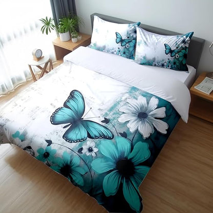 Butterfly Flowers Comforter Sets Queen Size, Vintage Floral Butterfly Kids Bedding Sets for girls Teens 3 Piece Bedroom Decor