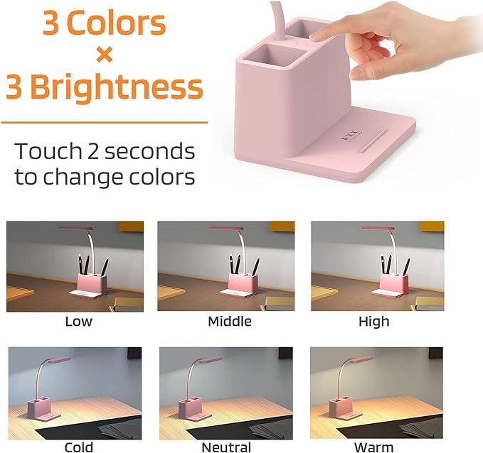 AXX Cute Desk Lamp, Pink Desk Light for Kids, Women, Teen Girls, LED Table Lamp for Bedroom Reading - Small, Rechargeable, Battery Operated, Adjustable - Office Accessories/College Essentials
