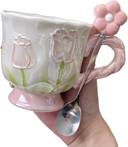 Ceramic Coffee MugEspresso Cup 14oz Pink Cute Flower withSpoon | novelty coffee mug，Glazed Ceramic Smooth Glossy Surface Lead ，Comes with Matching Spoon ，cute mugs for women