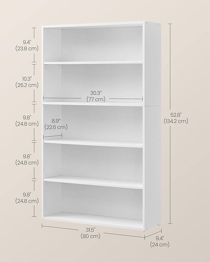 VASAGLE Bookshelf, 31.5 Inches Wide, 5-Tier Open Bookcase with Adjustable Storage Shelves, Floor Standing Unit, Cloud White ULBC175T14