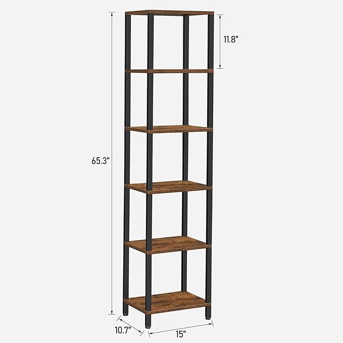 TUTOTAK Bookshelf, 6-Tier Tall Book Shelf, Narrow Bookcase for Small Space, DIY Stackable Bookshelf, for Living Room, Office, Study, Entryway, Industrial, Rustic Brown BS01BB006