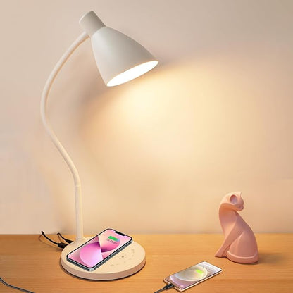 LED Desk Lamp with 15W Wireless Charger & USB Charging Port, 5 Colors, 6 Brightness Dimmable Reading Lamp Eye Care Touch Control Metal Table Lamp Flexible Gooseneck Desk Light for Home Office