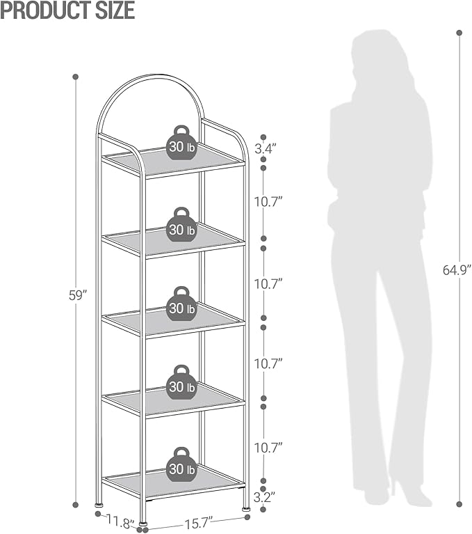 Bookcase Bookshelf, Tempered Glass Bookshelves, Slim Shelving Unit for Bedroom, Bathroom, Home Office, Steel Frame, 5 Tier Black BC05001B