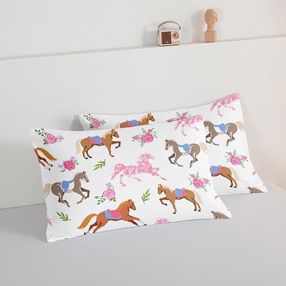 HOSIMA Kawaii Pink Rose Horse Twin Comforter Princess Toddler Bedding Set,Cute Animal Horse Bedding Girls Teens Aesthetic Room Decor,Cowboy Cowgirl Colorful Pony Twin Bed in a Bag.