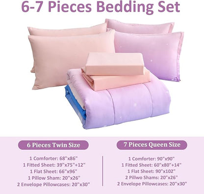 Dinjoy Girls Comforter Set Twin XL Size Colorful Rainbow Ombre Pink Blue Bedding Set Gradient 6 Pieces Bed in A Bag for Kids Teen Girl Women(1 Comforter, 1 Flat Sheet, 1 Fitted Sheet)