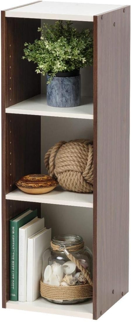 3-Tier 12" Wide Cubby Storage Bookshelf with Adjustable Shelves, Sturdy Versatile Easy Assembly Stackable Storage Shelf for Saving Space, Walnut Brown/White