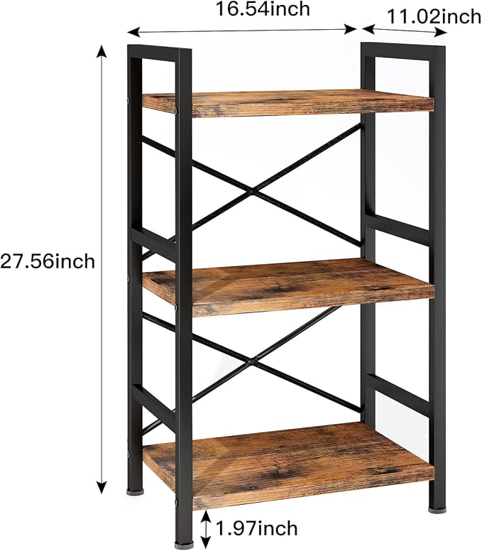 Bookshelf, 3 Tier Industrial Bookcase, Metal Small Bookcase, Rustic Etagere Book Shelf Storage Organizer for Living Room, Bedroom, and Home Office(Rustic Brown) Patent Pending D29873033