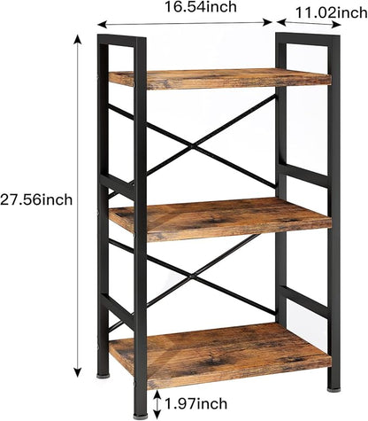 Bookshelf, 3 Tier Industrial Bookcase, Metal Small Bookcase, Rustic Etagere Book Shelf Storage Organizer for Living Room, Bedroom, and Home Office(Rustic Brown) Patent Pending D29873033