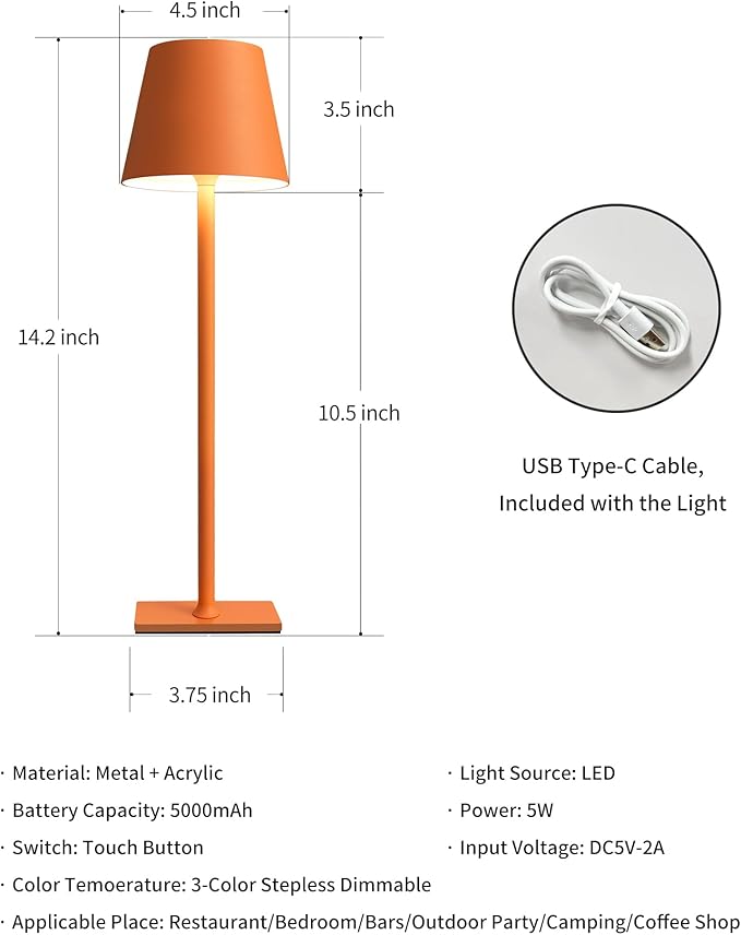 KDG 2 Pack Cordless Table Lamp,Portable LED Desk Lamp, 5000mAh Battery Operated, 3 Color Stepless Dimming Up, for Restaurant/Bedroom/Bars/Outdoor Party/Camping/Coffee Shop Night Light(Orange)