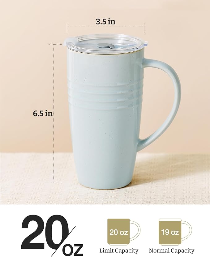 famiware Jupiter Large Coffee Mug, 20oz Coffee Mug with Lid, Ceramic Mugs Set of 4, Cup Set with Handle for Latte, Tea, Cocoa, Milk, Microwave and Dishwasher Safe, Light Blue and Light Green