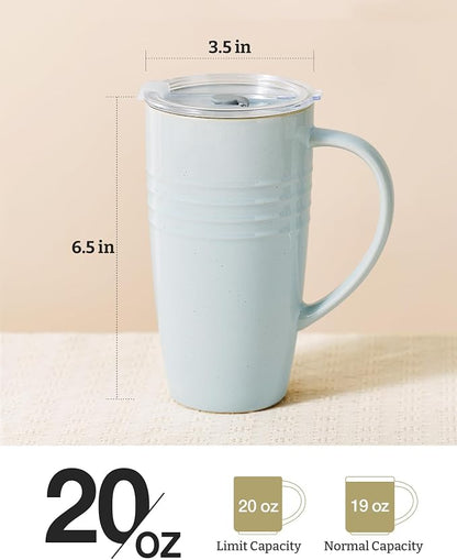 famiware Jupiter Large Coffee Mug, 20oz Coffee Mug with Lid, Ceramic Mugs Set of 4, Cup Set with Handle for Latte, Tea, Cocoa, Milk, Microwave and Dishwasher Safe, Light Blue and Light Green