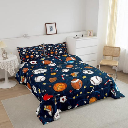 Feelyou Sports Theme Comforter Set 3D Blue Ball Bedding Set Baseball Football Basketball Comforter for Children Kids Boys Girls Microfiber Competitive Games Duvet Set Room Decor Quilt Set Full Size