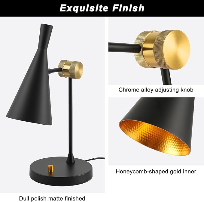 Vintage Industrial Table Lamp For bedroom, Adjustable Dimmable Desk Lamp, Brass Inner Shade Metal Table Lamp for Study, Home Office, Bedside, Nightstand, Reading Lamp Modern Mid-century, Black