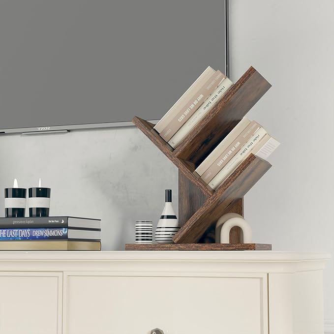 YMYNY 2 Tier Tree Bookshelf, Small Bookcase, Modern Wood Book Storage Rack Organizer, Freestanding Book shelf for Books/Movies/CDs, Display Rack for Bedroom, Home Office, Rustic Brown UHBC012H