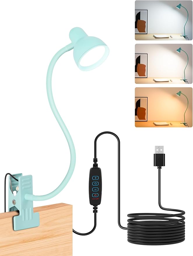 Clip on Reading Light for Bed 3 Color Modes, 10 Brightness Dimmable, Flexible Gooseneck Clip on Lamp, Eye Care Clip Light for Bed Headboard Desk Home Dorm, Teal