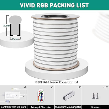 GZBtech RGB LED Neon Rope Lights 133FT/40M, AC 110-120V Waterproof Color Changing LED Rope with Remote Controller, Dimmable Multi Color Neon Rope Lighting for Indoor Outdoor Commercial Use