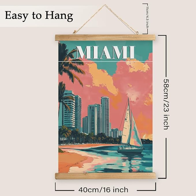 WREVERW Vintage Miami Poster Canvas Print with Wooden Hanger Frame, Featuring Palm Trees, High-Rise Buildings, and Sailboats, Wall Art for Home and Office Decor, 16x23 inches
