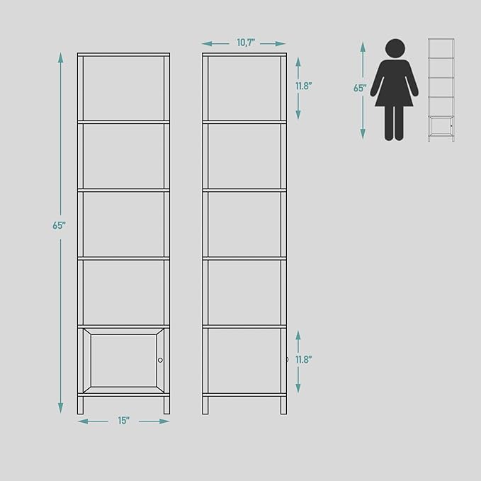 TUTOTAK 6 Tier Bookcase and Bookshelf, Narrow Book shelf with Door for Small Space, for Living Room, Office, Study, Entryway, Greige BS03BG006