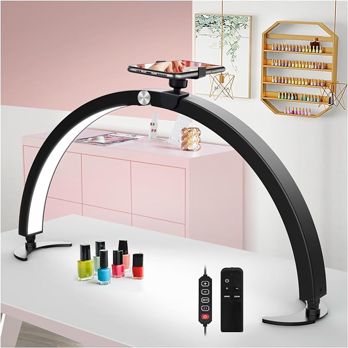 yAyusi Half Moon Light for Nail Desk with Phone Holder, 29In 40W Nail Tech Light, Nail Table Lamp with Wire Controller & Remote, 7 Color Modes, 10 Brightness for Beauty/Eyelashes/Tattoos/Crafts