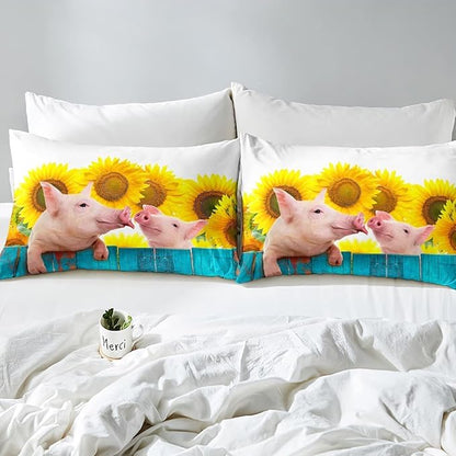 Pig Comforter Set King Sunflower Bedding Set for Kids Boys Girls Farmhouse Animals Duvet Set Funny Cute Pig Quilt Set Rustic Country Plant Floral Comforter Set Turquoise Wooden Comforter Set