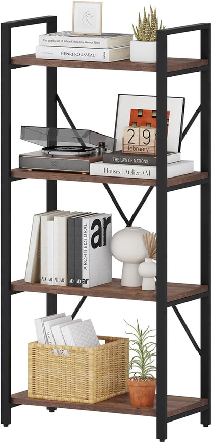 BON AUGURE Industrial 4 Tier Bookshelf, Modern Open Etagere Bookcase, Wood Metal Vintage Shelving Unit for Office Bedroom and Living Room (Rustic Oak)
