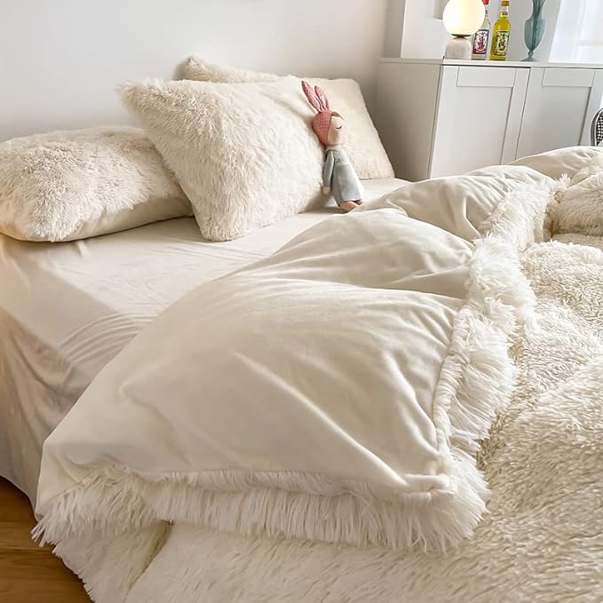 Faux Fur Kids Girls Milky White Comforter Sets King - 3PC Bed Set Warm Comfortable Soft Plush Flannel Velvet Fluffy Fuzzy Bedding（Comforter x 1 Pillowcases x 2）
