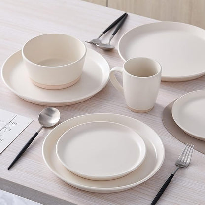 Stone Lain Jules Stoneware Dinnerware, Plates and Bowls, Dish Set for 4, Off White, Microwave & Dishwasher Safe, 16-Piece