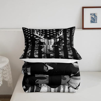 Black Grey Camo Comforter Set King Size,Camouflage American Flag Bedding Set,Deer Antlers Silhouette Down Comforter,Kids Teens Adults Bedroom Decor,Xmas Animal Rustic Duvet Insert,3Pcs,2 Pillowcases