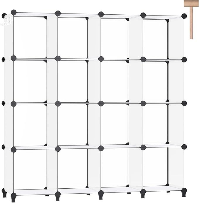 16 Cubes Storage Organizer, Bookcase, Display Shelf with Wooden Mallet, Cabinet Storage for Kids, Adult, Office, Bedroom, Bathroom, White
